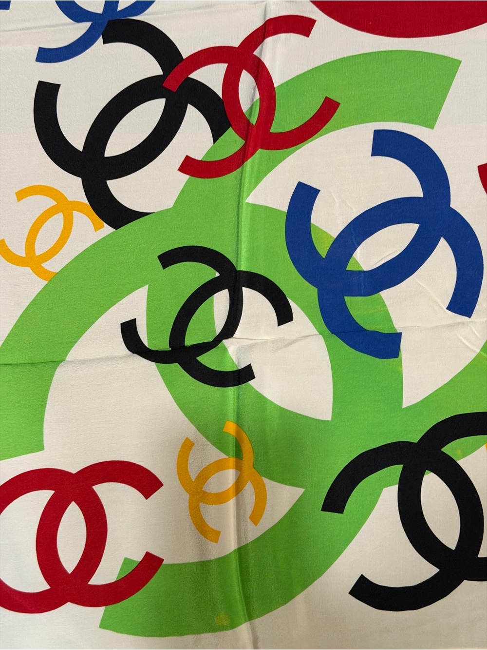 CHANEL Multicolor CC Logo Silk Scarf - White, Red, Blue, Yellow, Green, Black - Picture 5 of 8